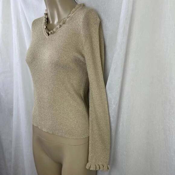 🌟 VTG Y2K Liz Claiborne Lizsport Petite Gold Shimmer Holiday Ruffle Sweater PS - Picture 2 of 13